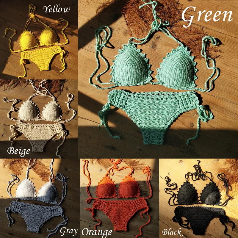  Beach Women's Handmade Crochet Bikini Sets Sexy Push up Swimwear Bikini Swimsuit Bathing Suit