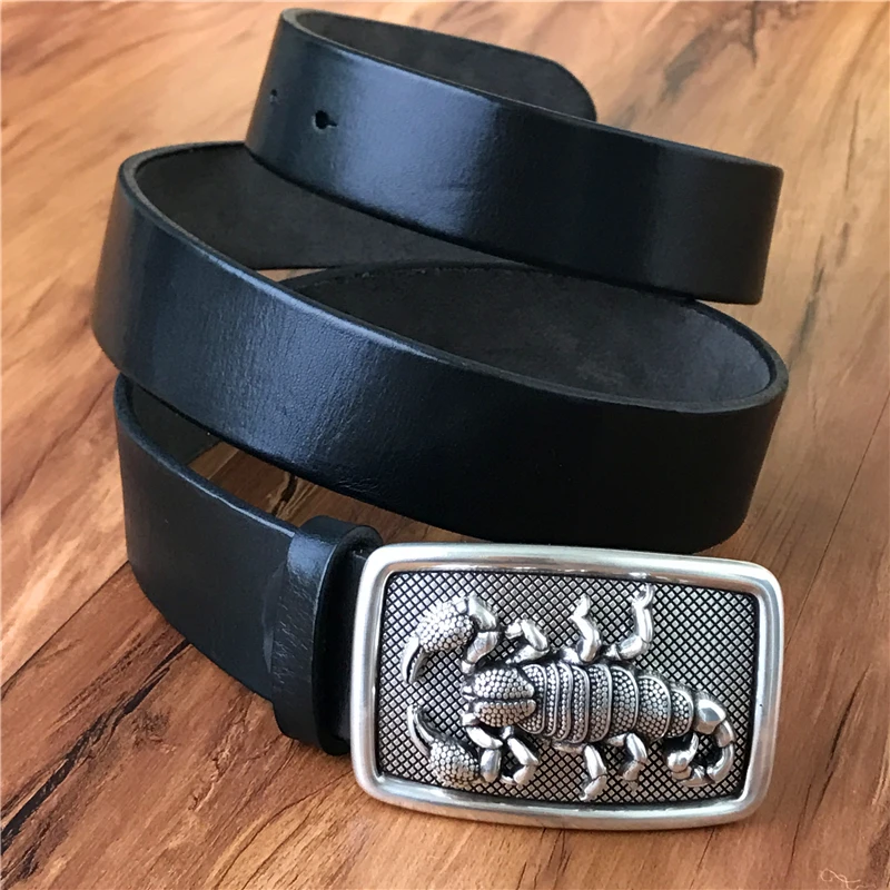 TOP Quality 3D Scorpion Belt Buckle Super Thick Genuine Leather Luxury Cowboy Belt Wide Ceinture Homme