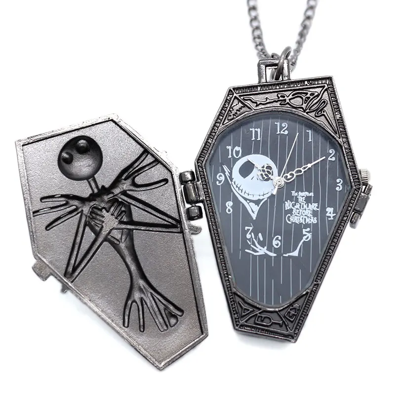 Reloj de bolsillo de cuarzo negro antiguo, colgante de bronce, pesadilla antes de Navidad, collar, cadena de regalo, jack skeleton