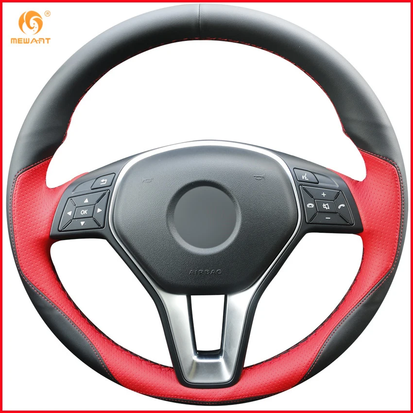 MEWANT Black Leather Red Leather Steering Wheel Cover for Mercedes Benz