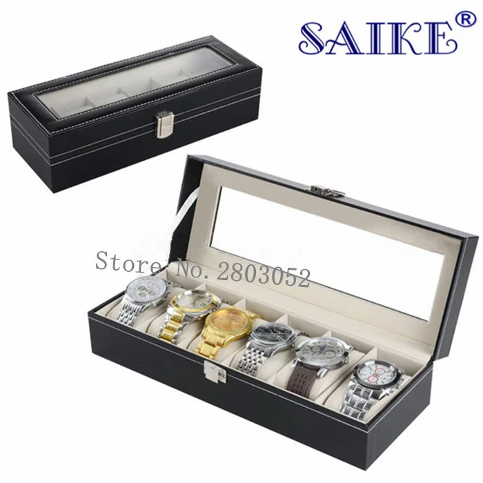 

Free Shipping Ordinary 6 Slots Watch Storage Boxes Black Leather Watches Box Fashion Brand Watch Display Box Gift Cases D162