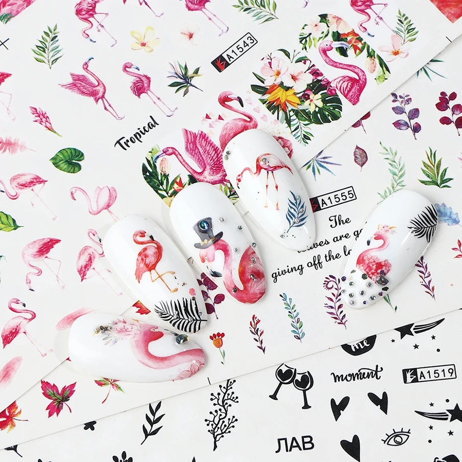 24pcs Watercolor Floral Flower Sticker Nail Decal Set Flamingo Letter Design Gel Manicure Decor Water Slider Foil CHSTZ683-706-1 - Image 6