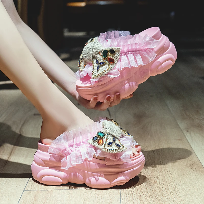 

Women Casual Sandals Bow Flip Flops Wedges Platform Rhinestone High Heels Women Beach Sandals Flip Flops Slippers