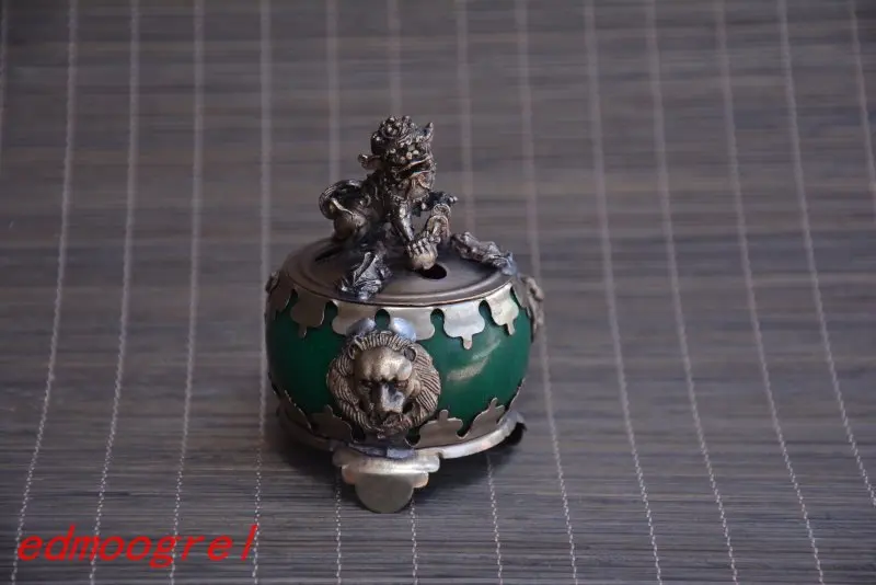 

Collectable old Silver & jade Incense Stove\Censer,lion, Green jade,Decoration,Free Shipping