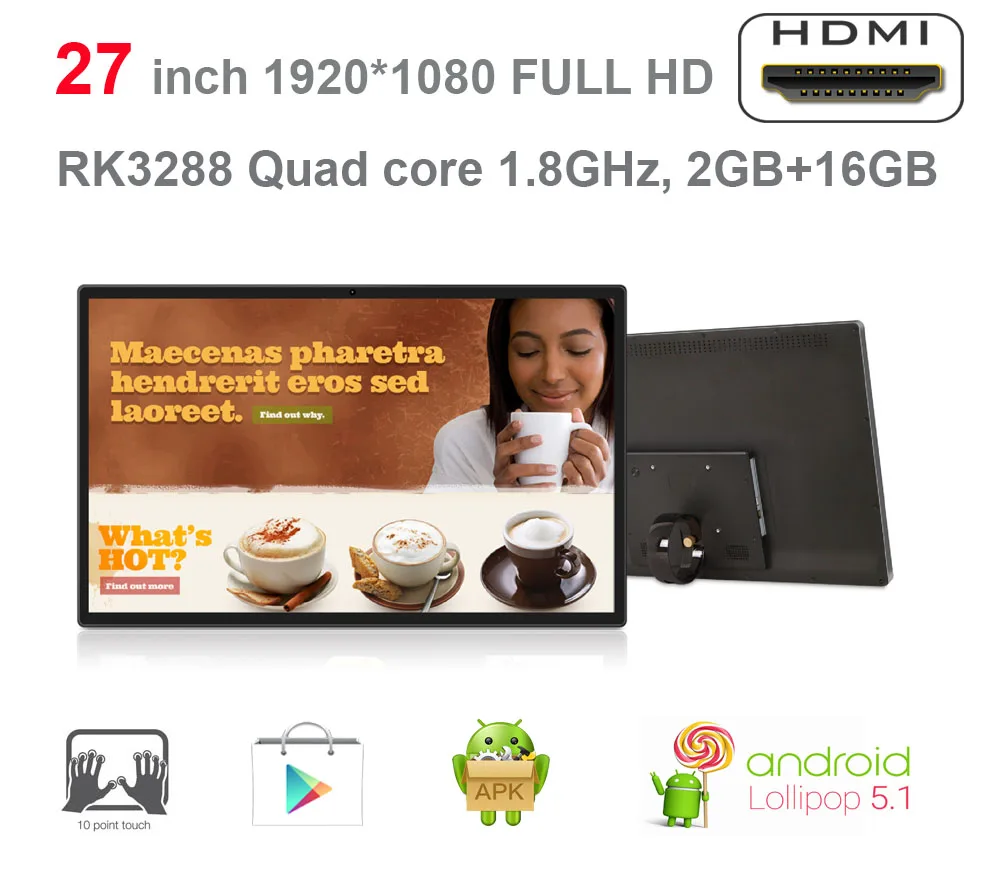 Обновление 27 дюймов Android smart ТВ-киоск-реклама player все в одном(RK3288, quad core CortexA17 2 Гб DDR3, 16 Гб nand flash, VESA