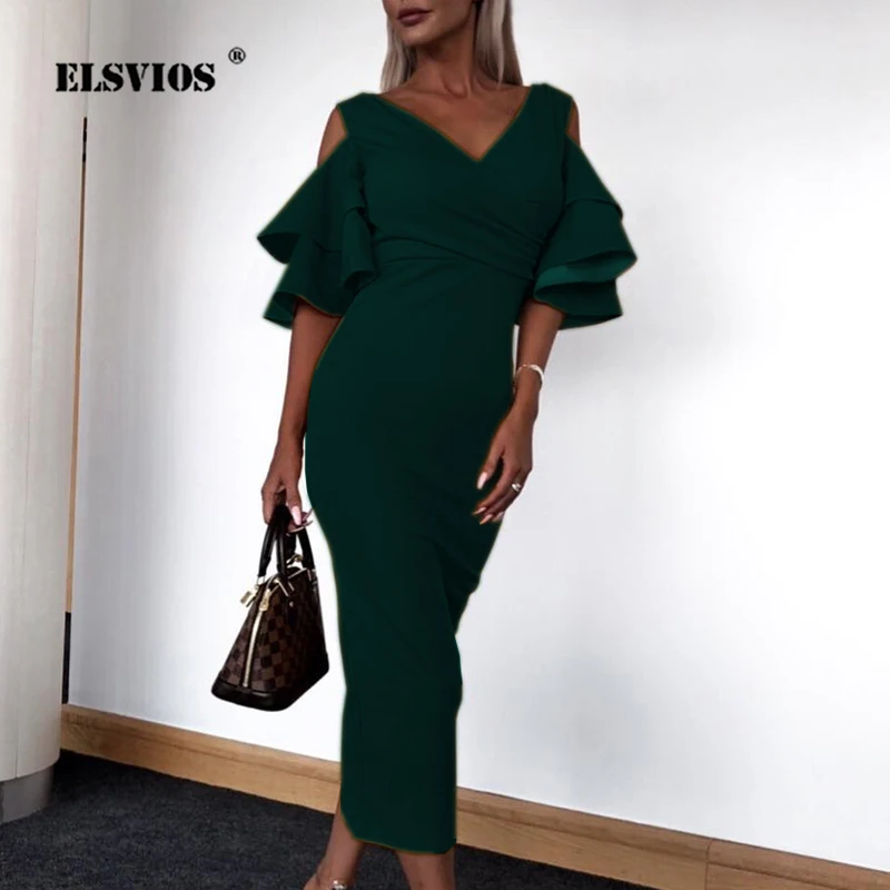 

ELSVIOS 2019 Fashion Butterfly Short Sleeve Summer Dress Women Off Shoulder V-neck Party Dress Elegant Midi Bodycon Dresses XXL