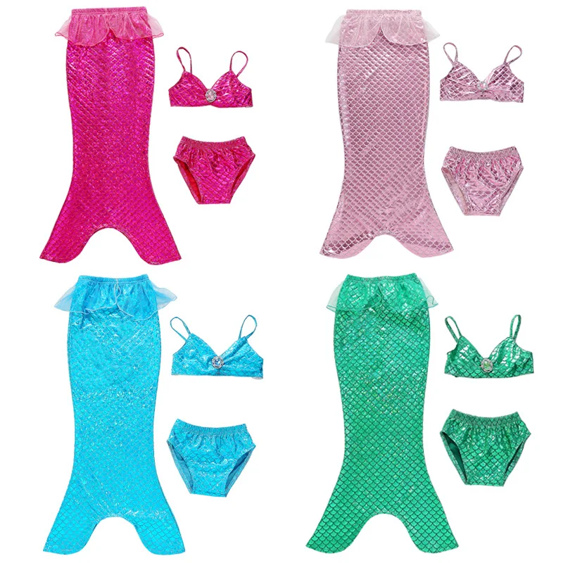 Детская одежда для девочки; костюм Русалочки для Swimming3pcs Купальник бикини купальный костюм с хвостом Костюм Русалки нарядное платье без Моноласты