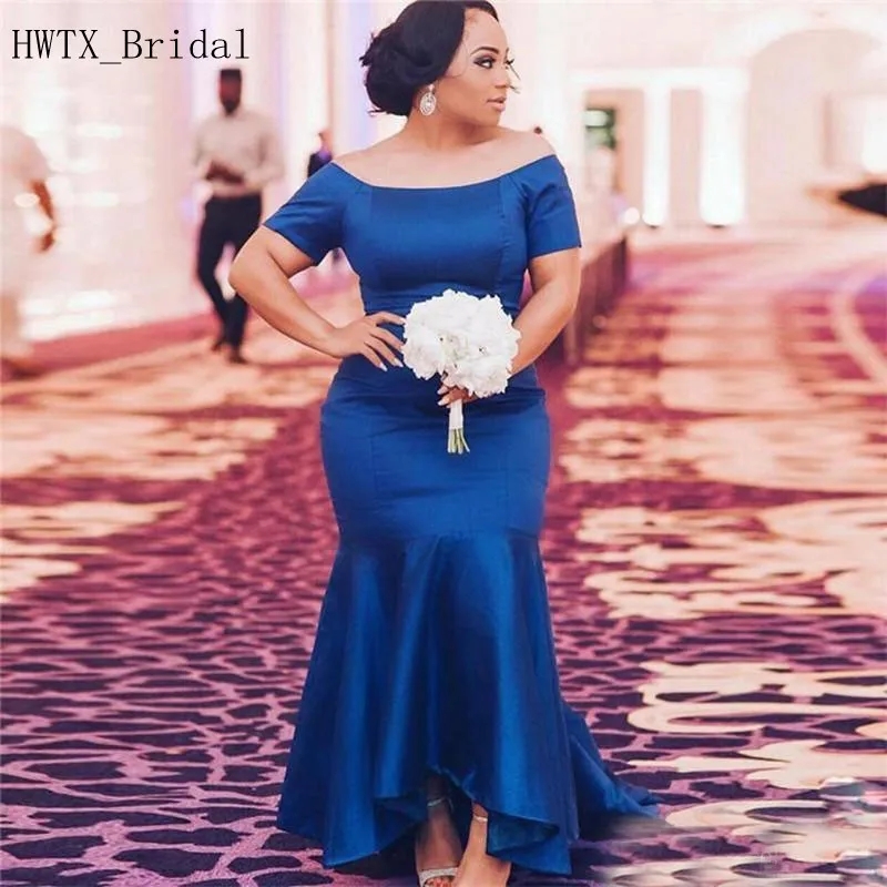 Royal Blue Русалка платья невесты с Рубашка с короткими рукавами с открытыми плечами длинное Длина 2018 Африканский арабский гостей свадьбы