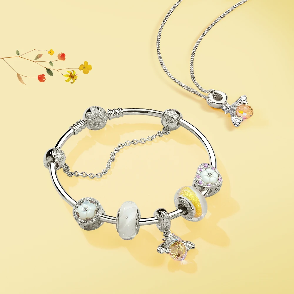 Online ATHENAIE clásico nuevo 925 Plata de ley con cristales colgantes de abeja collar fit pulsera brazalete para Mujer Accesorios de joyería