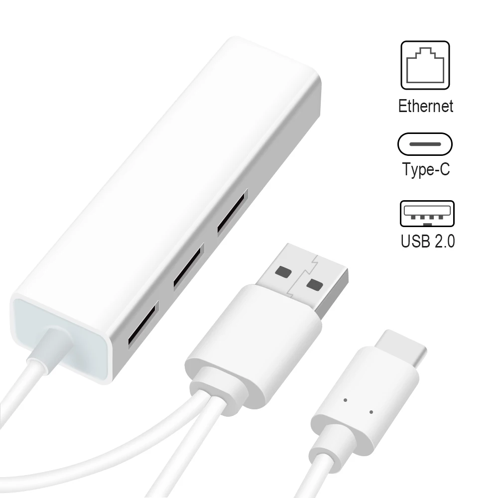 2 в 1 USB Ethernet 3 порта usb-хаб 2,0 OTG концентратор USB Type C к Rj45 Lan адаптер мульти разветвитель USB-C сетевая карта для MacBook PC - Цвет: Белый