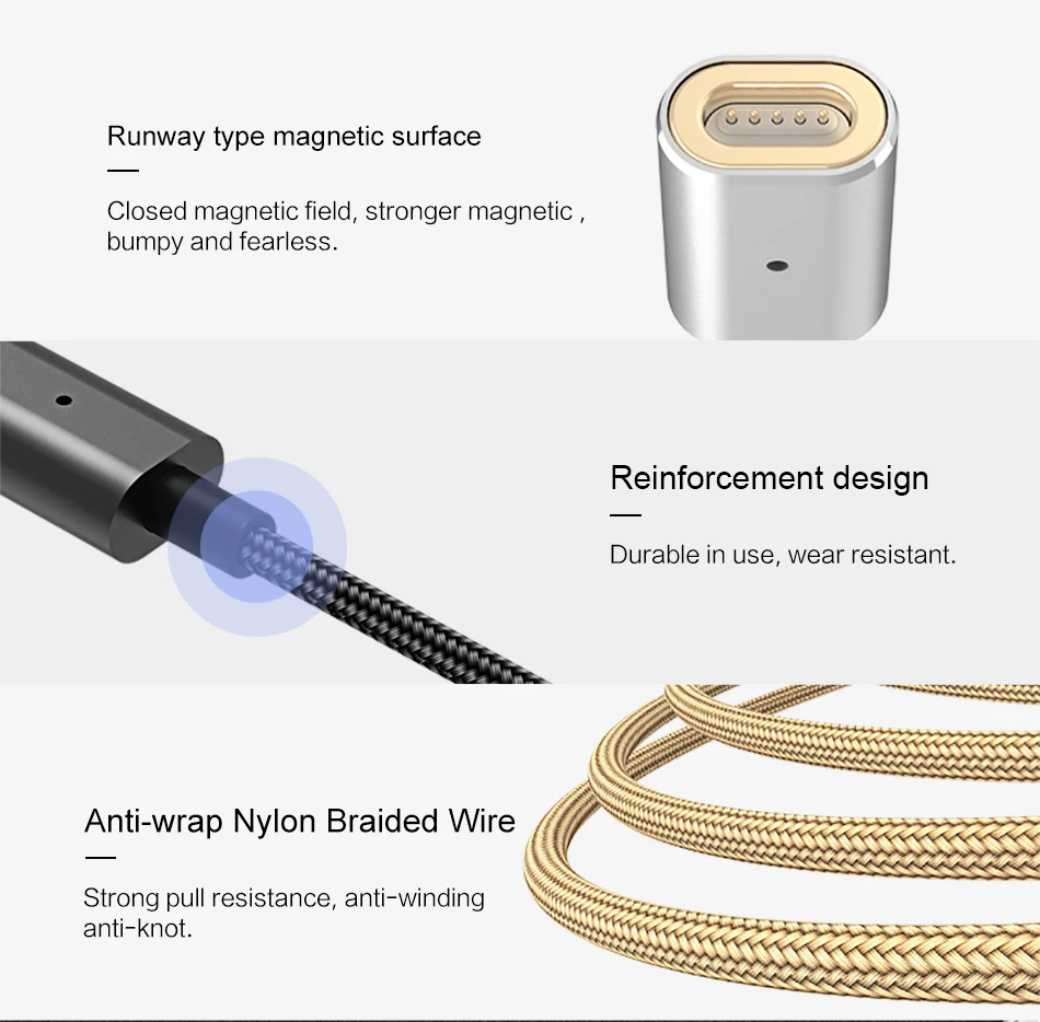 Магнитный кабель USAMS для usb-кабеля type-c золотого цвета, 1,2 м, 2 а/5 В, нейлоновый зарядный кабель, Магнитный зарядный кабель для мобильного телефона