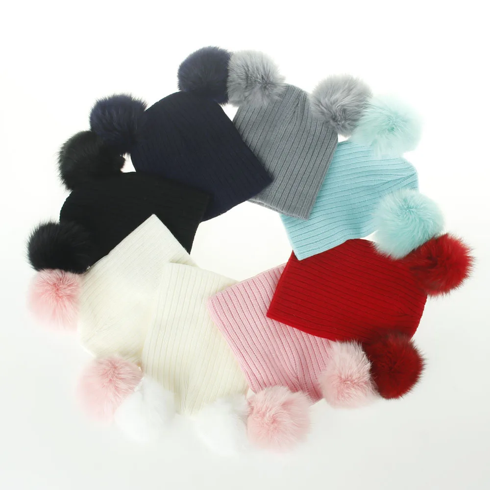 

Infant Baby Girls Knit Fur hats Newborn Kids Girls Fashion knitting Caps 2017 Babies Autumn Winter warm cap kids accessories
