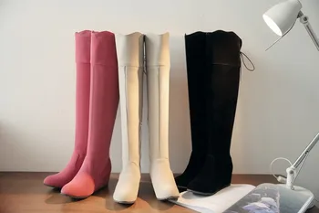 

2015 Big size Women Knee High Boots Sexy Chunky High Heels Round Toe Spring Autumn Shoes Round Toe Less Platform Boots 1925