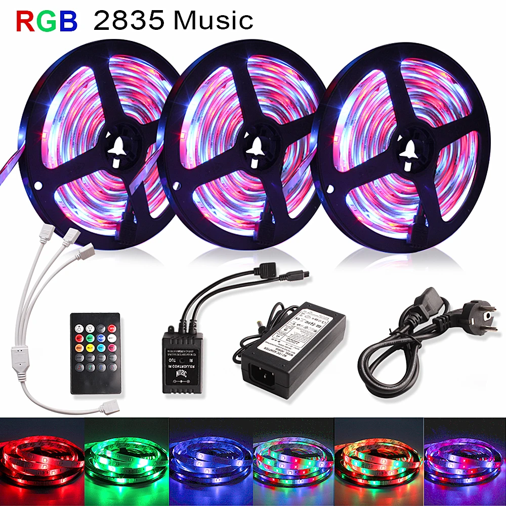 

15M 10M 5M RGB Led Strip Light Waterproof SMD 2835 Flexible Diode Tape Ledstrip with Music Remote Control+DC 12V Adapter