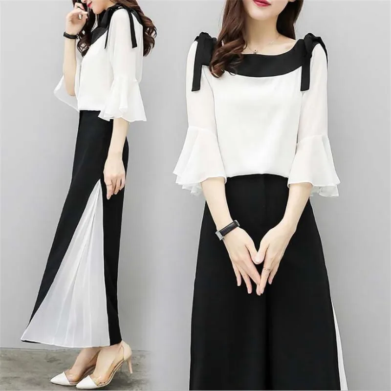 

New chiffon suit summer short-sleeved tops + wide leg pants loose women sets two pieces