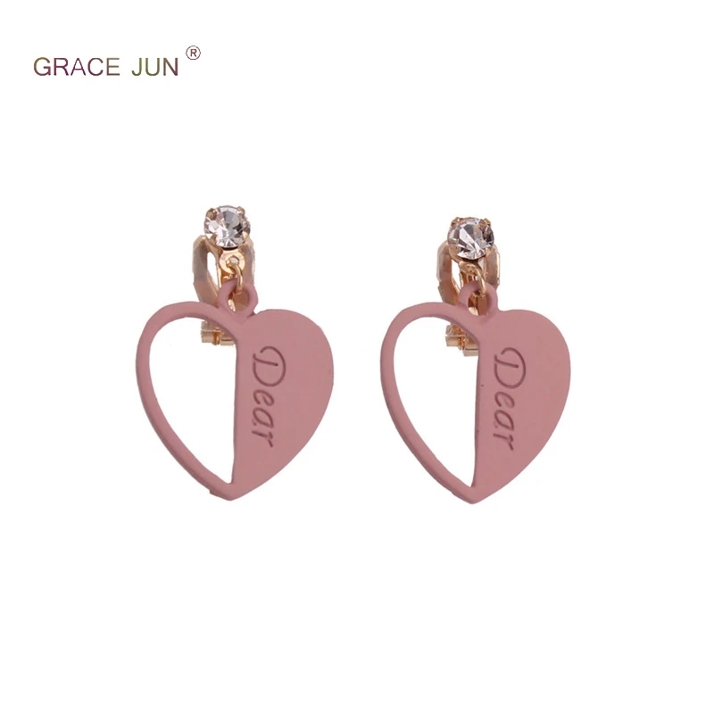 

GRACE JUN New Arrival Rhinestone Heart Shape Clip on Earrings Non Piercing for Women Fashion Luxury No Hole Earrings Good Gift