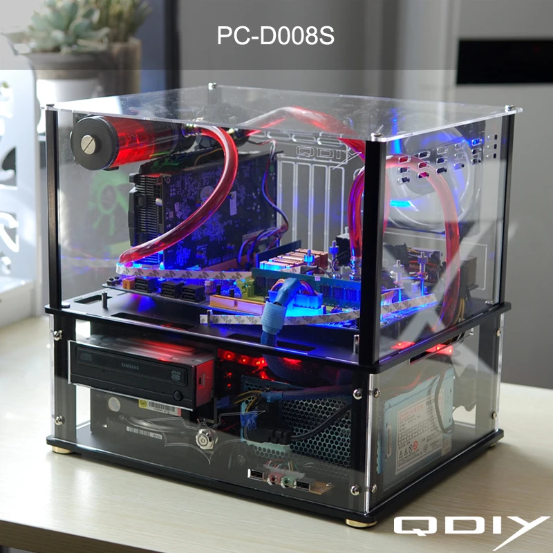 QDIY PC D008S красочные горизонтальные ATX прозрачный ПК с водяным охлаждением