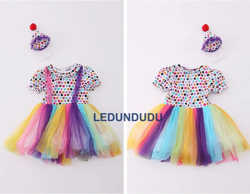 Children Clown Cosplay Costume Girls Rainbow Dress with Hat Kids Halloween Party Holiday Performance Clothes (5)