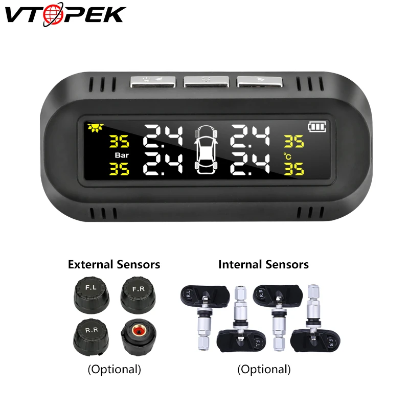 

Vtopek Tire Pressure System Solar TPMS Intelligent Color LCD digital display High Temperature Low Battery Alarm Vibration Start