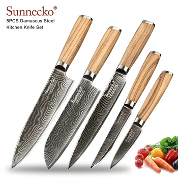 

Sunnecko 5PCS Damascus Steel Knife Set Chef Kitchen Knives Japaness VG10 Steel Core Blade Professional Original Wood Handle