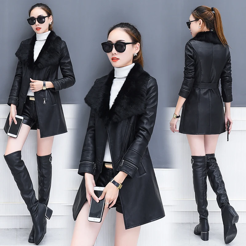 Плюшевая кожаная женская куртка корейская мода тонкая осенняя куртка из искусственной кожи мотоциклетная куртка Длинная кожаная куртка женская черная
