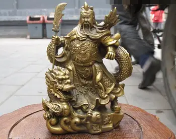

6"Chinese pure Brass carved Dragon Sword Guan gong gest warrior statue
