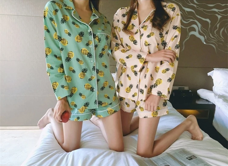 

2018 spring summer Lovely Pineapple Sweet pajamas suit with goggles Print Long sleeve Contracted Home wear Pajamas