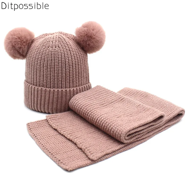 

Ditpossible 2018 New Winter Hat Scarf Set for Girls Boys Scarves Wool Knitted Beanies Skullies Caps Baby Hats Scarfs Sets