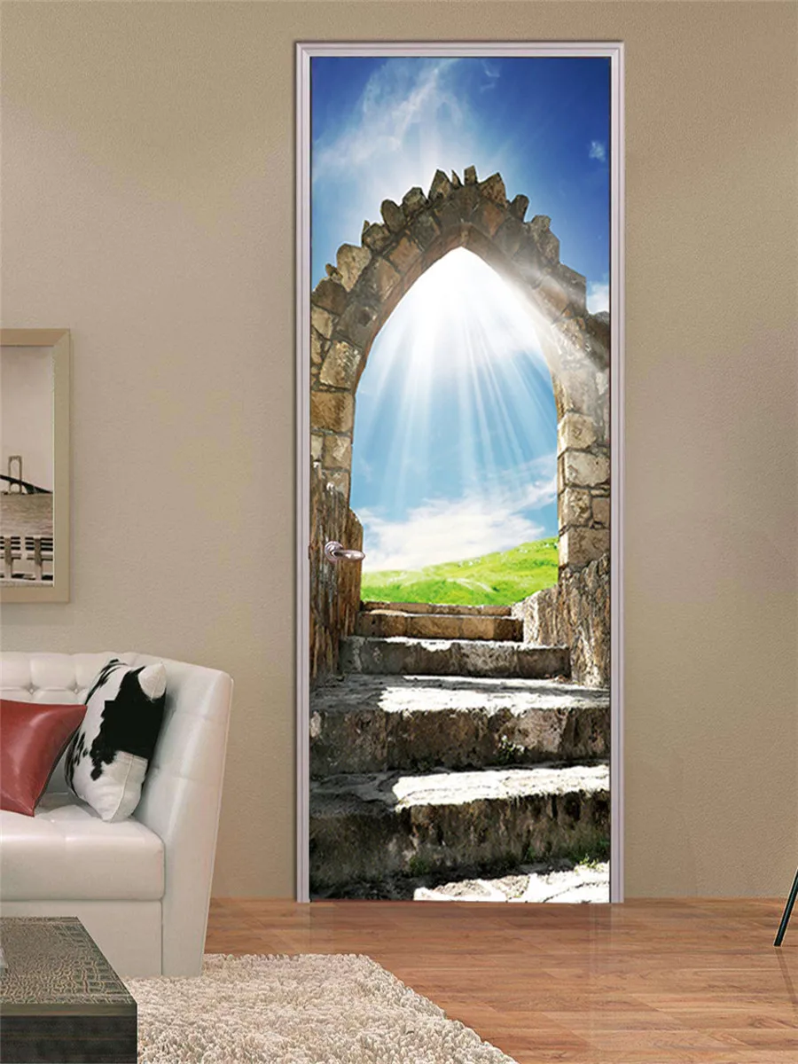 Солнечный свет голубое небо двери наклейки виниловые 3D каменные лестницы ландшафтное искусство домашний декор Фреска самоклеющиеся двери DIY украшения Наклейка