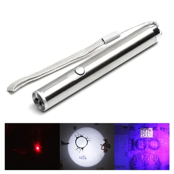 

Multifunction Led Flashlight+Ultraviolet lantern+ Laser Pen Silver Stainless Steel Flashlight For Marker Checker Detection Torch