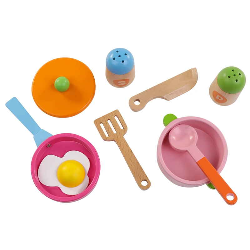 Logwood 8pcs Wooden Children Kitchen Simulation Cookware Toys Pot Tray Education kids Food Toys Girls Gifts