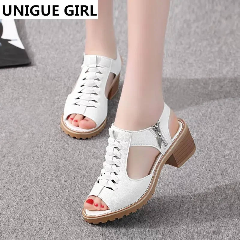 

UNIQUE GIRL 2019 Vintage Elegant Women's Sandals Summer Style Peep Toe Cross Tied Side Zip Design Mid Square Heel Shoes Woman