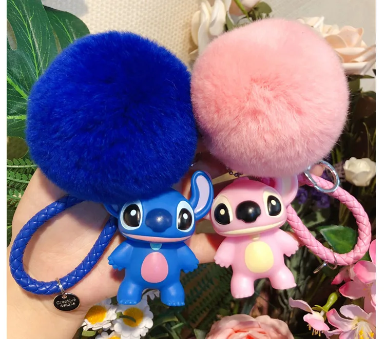 Cartoon Stitch Real Fur Ball Pompom Pom pom Keychain Key Ring Women Wrasit Band Trinket Key Chains Car Bag Pendent Charm D204