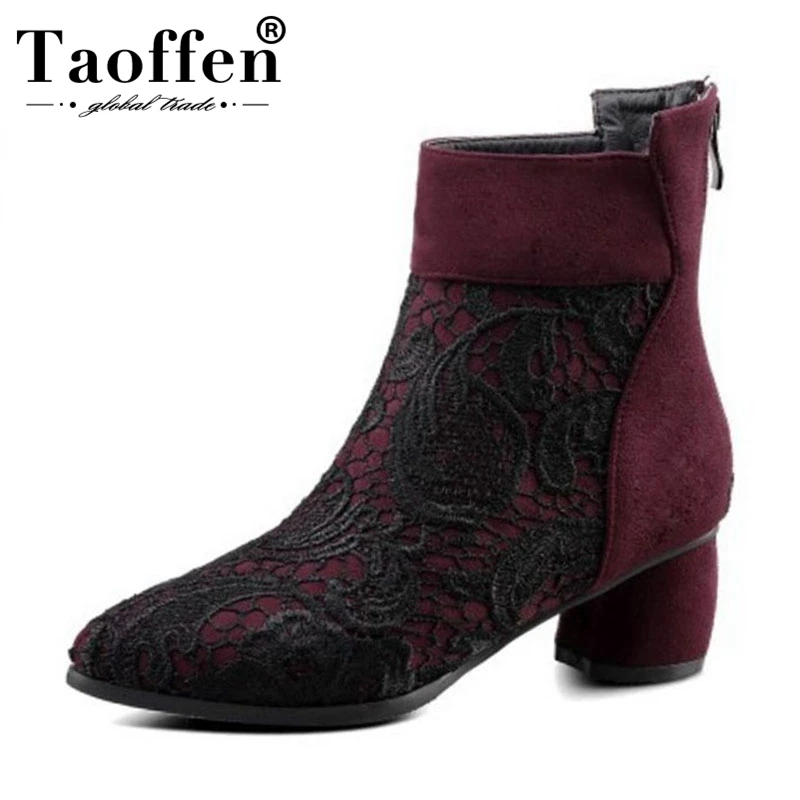 

TAOFFEN Size 32-42 Women High Heel Boots Pointed Toe Zipper Lace Strange Heels Ankle Boots Women Ornate Shoes Women Footwear