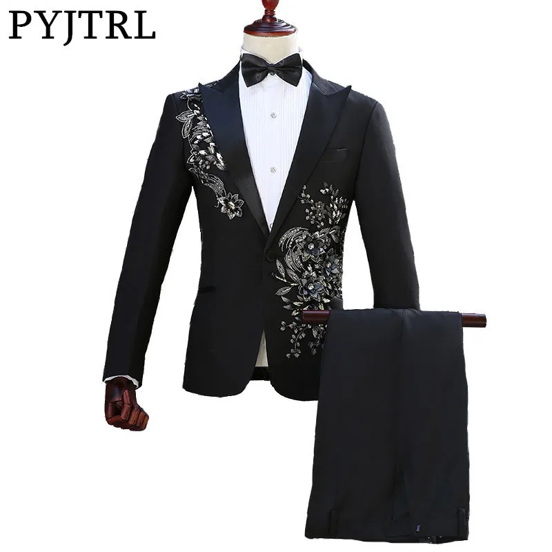 

PYJTRL Male Black Double-side 3D Crystal Embroidery Flowers Stage Singer Suits Costume Nightclub Bar Wedding Blazer With Pants