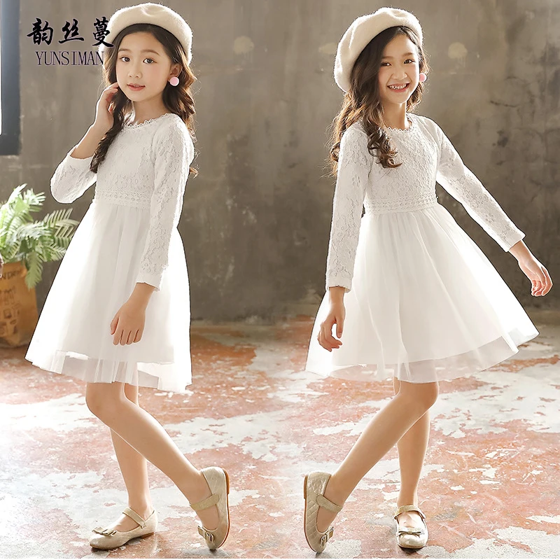 

2019 Spring Girls Lace Dress Long Sleeve White Party Princess Costume for Kids 6 7 8 9 10 11 12 Years Teenager Kids Clothes 8L8A