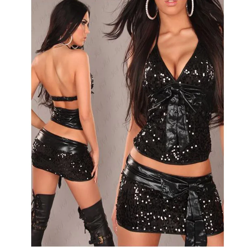 2 Pcs Clubwear Sexy Outfits Black Halter Shiny Sequin Mini Dresses Women Pole Dancing Club Party Dress Robe Femme (1)