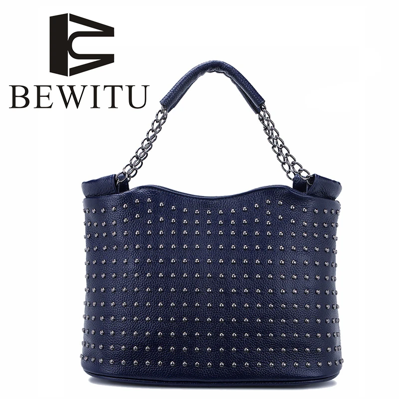 

BEWITU 2018 New Leather Handbag Europe and The United States First Layer of Leather Rivet Bucket Shoulder Portable Messenger Bag