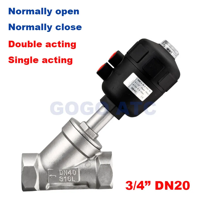 Pneumatic plastic angle seat actuator valve normally close N.O DN20 3/4