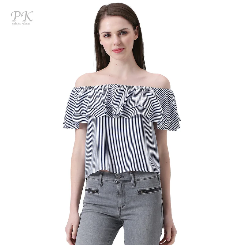 Pk Shoulder Womens Tshirt Navy Blue Stripe One pk shoulder womens tshirt navy blue stripe one