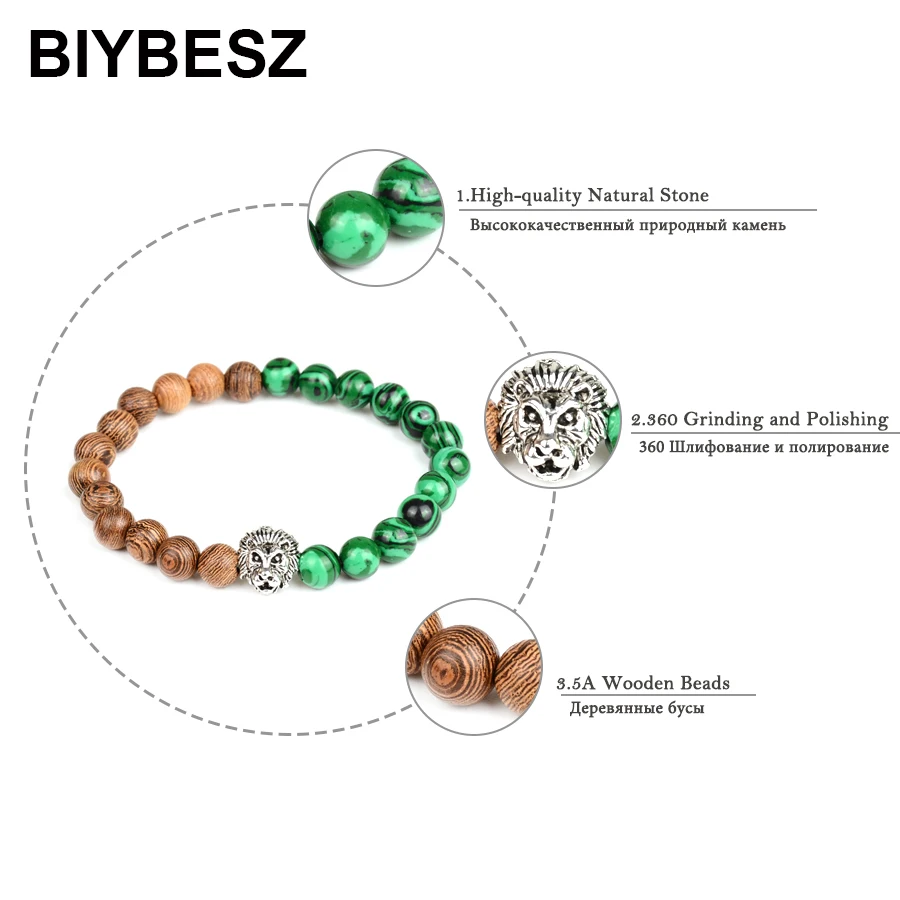 2018 2pcs Natural Stone Beads Bracelet Green Malachite and Wood Couple Bracelet Rope Pulsera For Lover's Friendship Jewelry Gift (3)