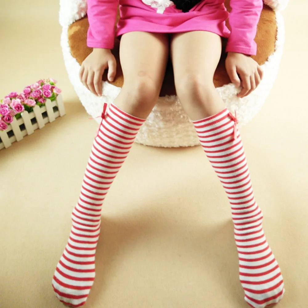 Kid's Girl's Sweet Princess Bowknot Striped Long Stockings Winter Soft