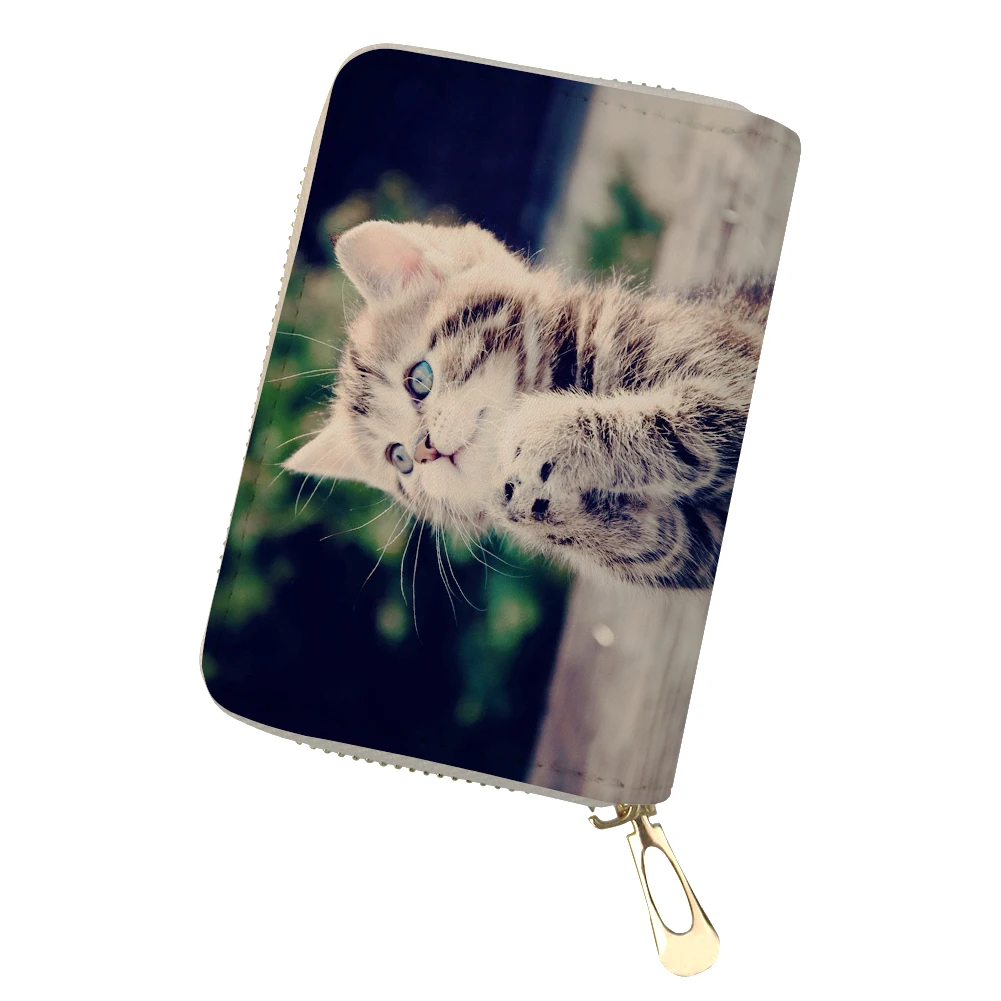 

Cute Girls Credit Card Holder Cats Printed Pu Leather Zipper Cardholder For Id Name Card Casual Protective Cover Wallet Purse