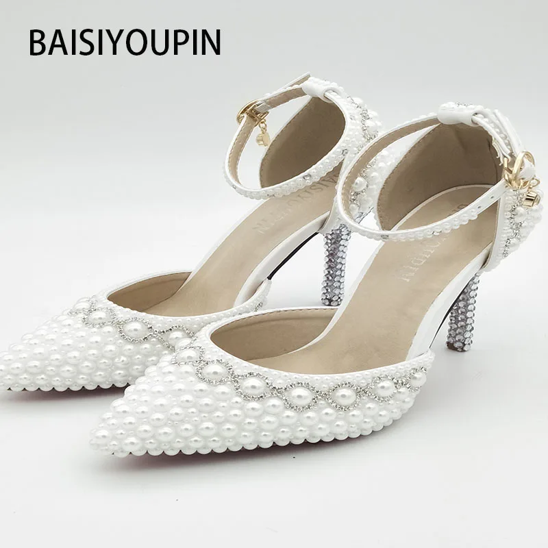 Г. Весенние сандалии с кристаллами элегантные свадебные модельные туфли принцессы с жемчугом белые туфли-лодочки на высоком каблуке маленькие и большие размеры 33, 41