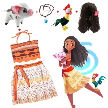 

Moana Girl Dress with Necklace Pig chick Kids Adventure Outfit Children Princess Party Cosplay Costume Vaiana Wig and toy pig