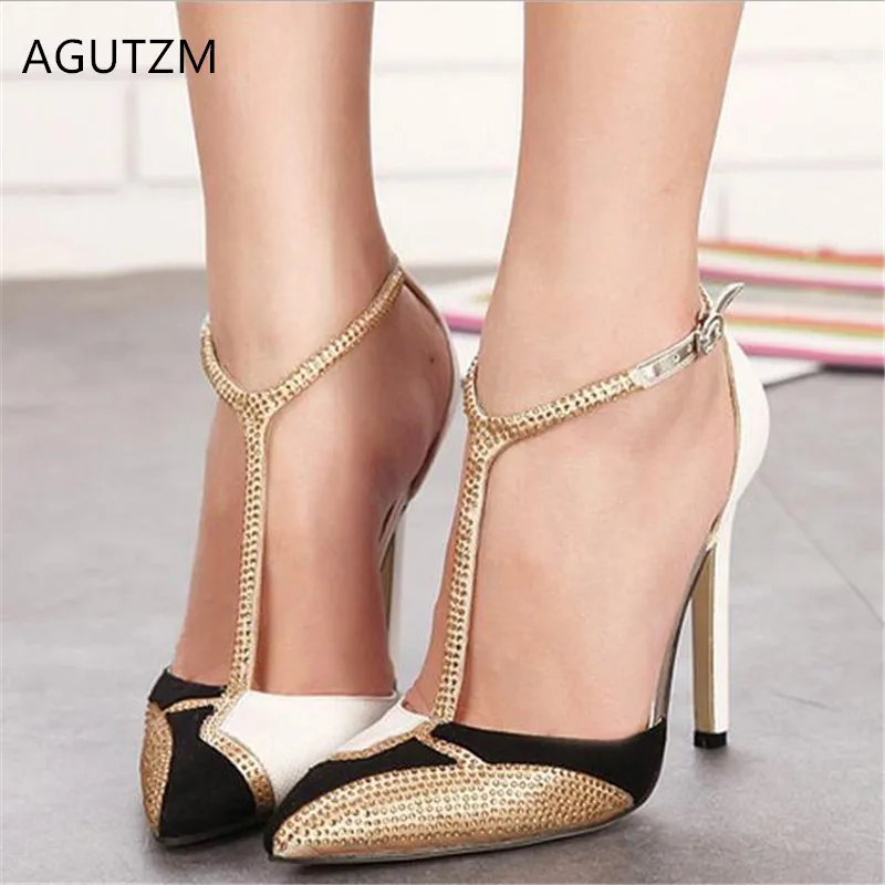 

AGUTZM 2019 new Women pumps Word buckle Hollow Single Spell Color high heel shoes summer Sexy Pointed Toe woman shoes Y265