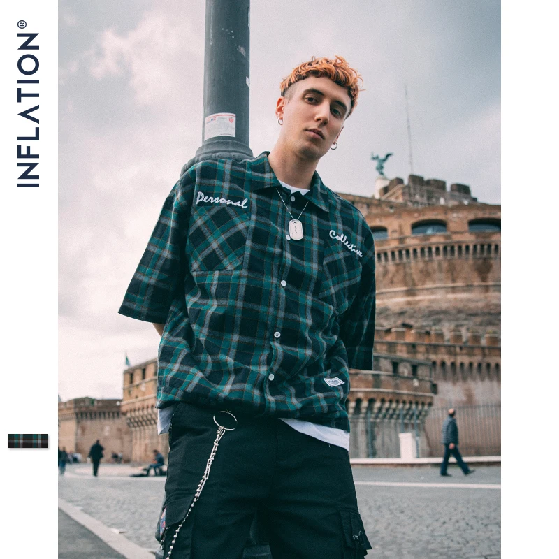INFLATION Letter Casual Plaid Shirt Oversize Check Shirt 2019 Street wear Hip hop Men's Clothes Short Sleeve Couple Shirt 9202S INFLATION Letter Casual Plaid Shirt Oversize Check Shirt 2019 Street wear Hip hop Men's Clothes Short Sleeve Couple Shirt 9202S