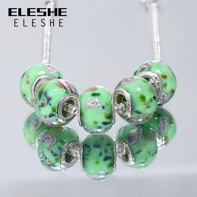 ELESHE Authentic Silver Green Murano Glass Beads Fit Original ELESHE Bracelet Necklace For Women Jewelry Making Accessories