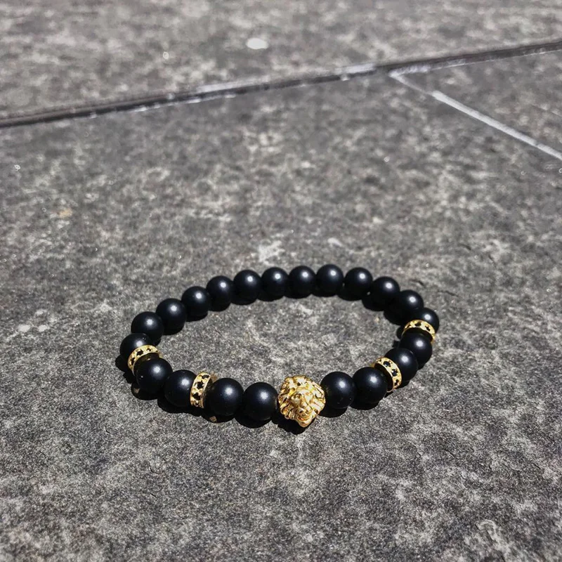 

8mm Stone Beads Bracelet Men Bileklik Lion Jewelry Gold Bracelets For Women Mens Friends Fashion Accessories New Arrival 2019