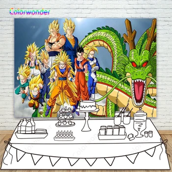 

Photography Background Japanese Anime Characters Monkey King with His Friends Green Dragon with Red Eyes Blue Backdrops for Kids